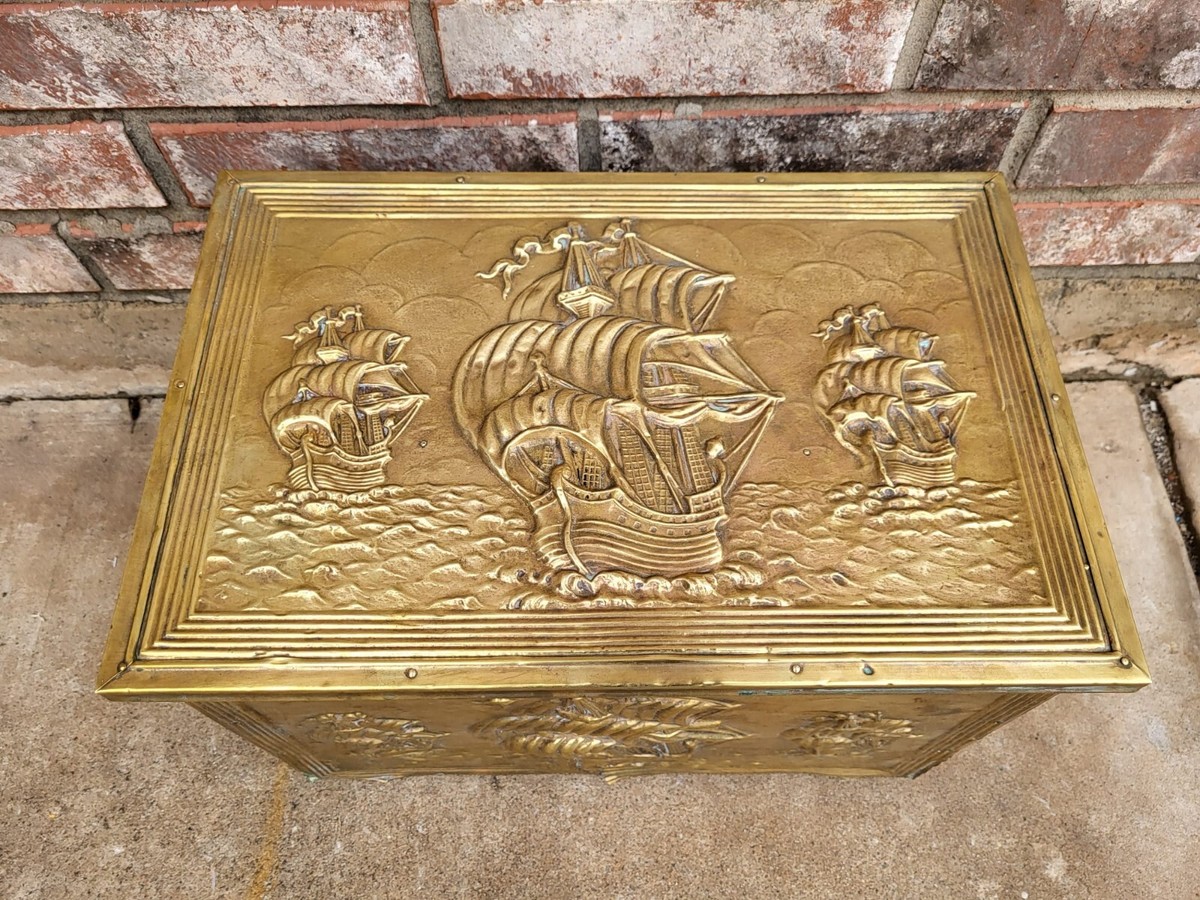 BRASS COVERED LOG COAL BOX EMBOSSED WITH SAILING SHIPS APPROX 16