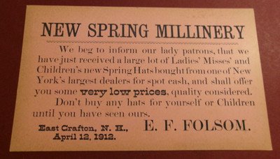 ANTIQUE UNUSED 1912 MILLINERY STORE PRIVATE MAILING CARD EAST GRAFTON NH 8.5 X 5