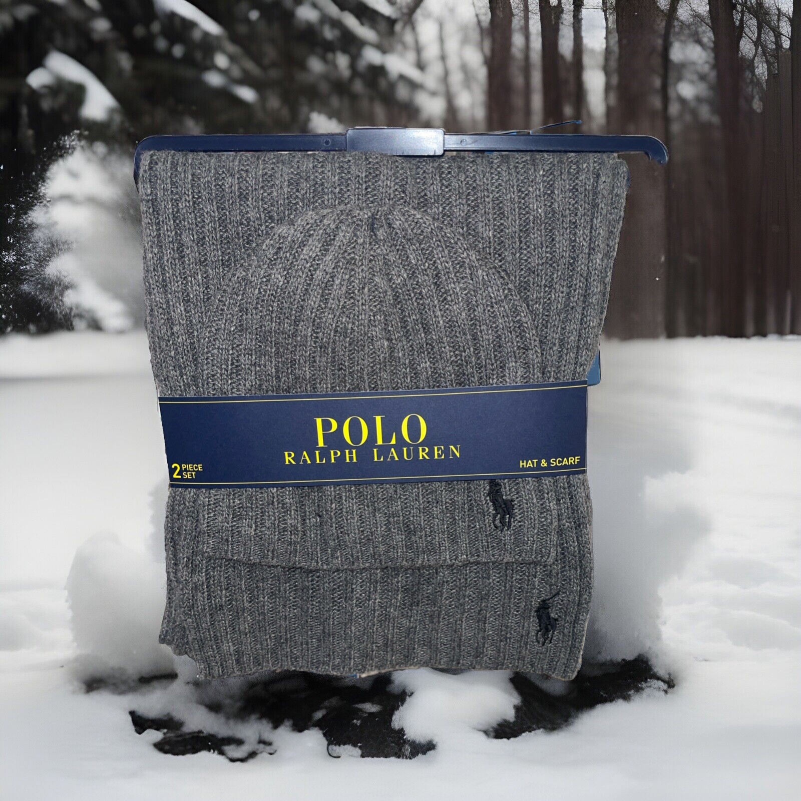 NUOVO Polo Ralph Lauren uomo berretto e sciarpa grigio scuro set costine Ble Pony taglia 1