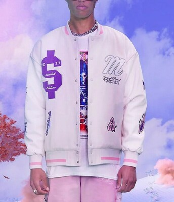 Men's Oversized Cream Pink Varsity Bomber Jacket Faux Leather - Main Image