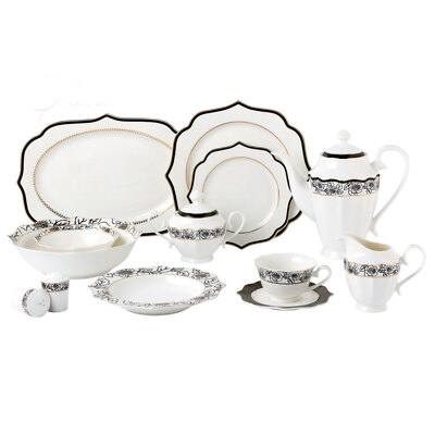 57 Pcs Bone China Dinnerware Set Used for 8, Wavy Black-Gold Mix and Match-Fiona