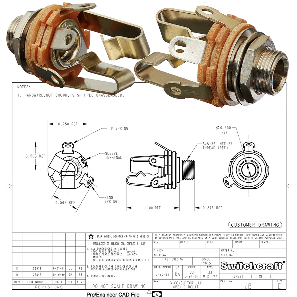 Switchcraft 1/4 6.35 mm, Mono Chassis Guitar Jack Input
