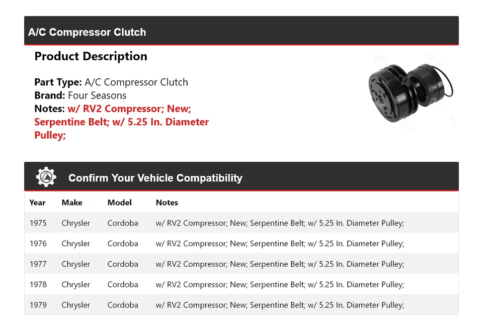 For 1975-1979 Chrysler Cordoba A/C Compressor Clutch 4 Seasons 1976 1977 1978 - Image 2 of 4
