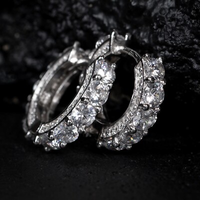 Men's White Gold Plated Fully Iced Big Stone Round Sterling Silver Post Earrings