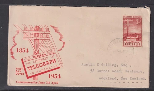 Australia "WW" 1954 Telegraph Centenary FDC Adelaide to Auckland