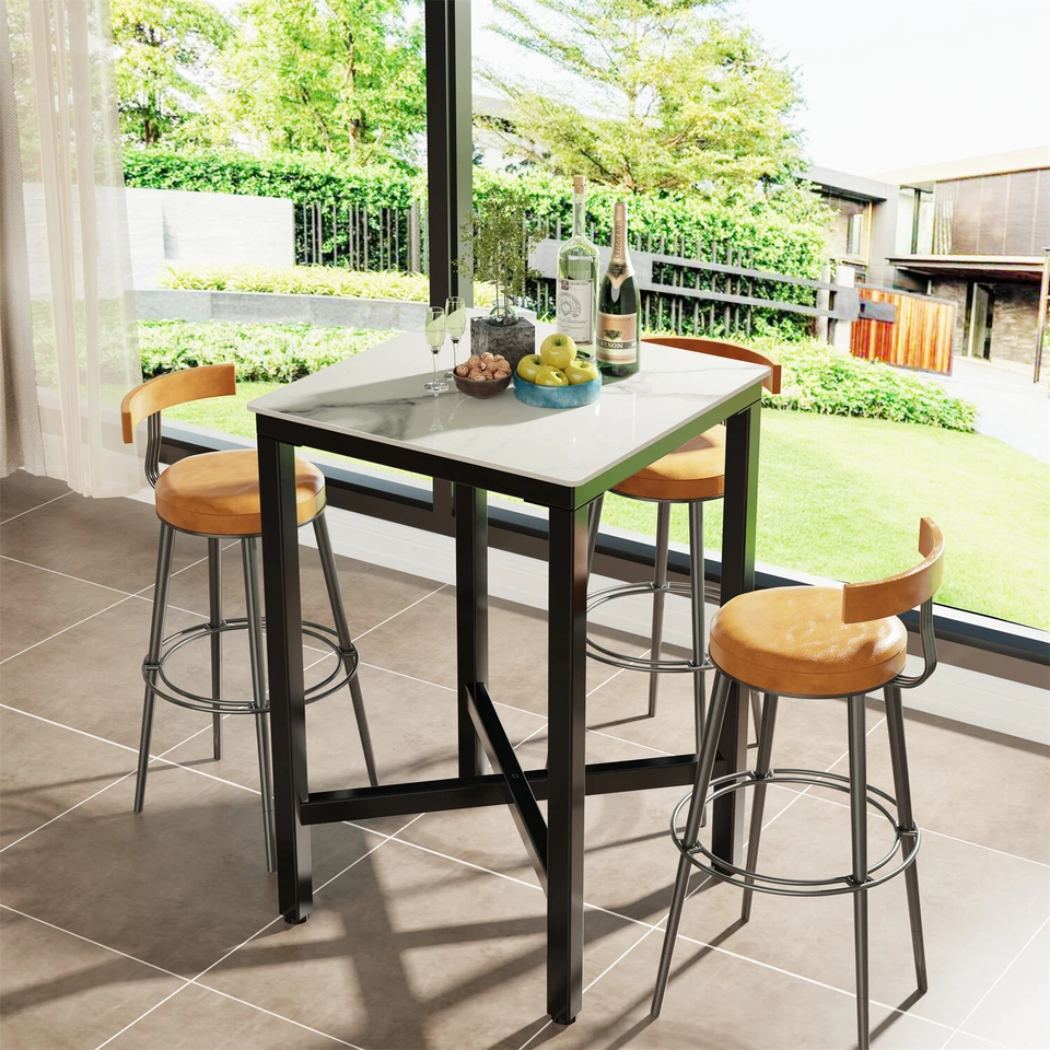 42 Inch High Square Marble Top Pub Table with Metal Frame Breakfast Bar Table - Image 2 of 4