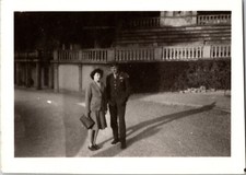 Vtg Found B W Photo WW2 US Army Soldier Uniform Woman Posing 1940s Personal Note
