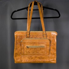 Vintage Tan Tooled Leather Dual Strap Shoulder Bag Floral Embossed Western Boho