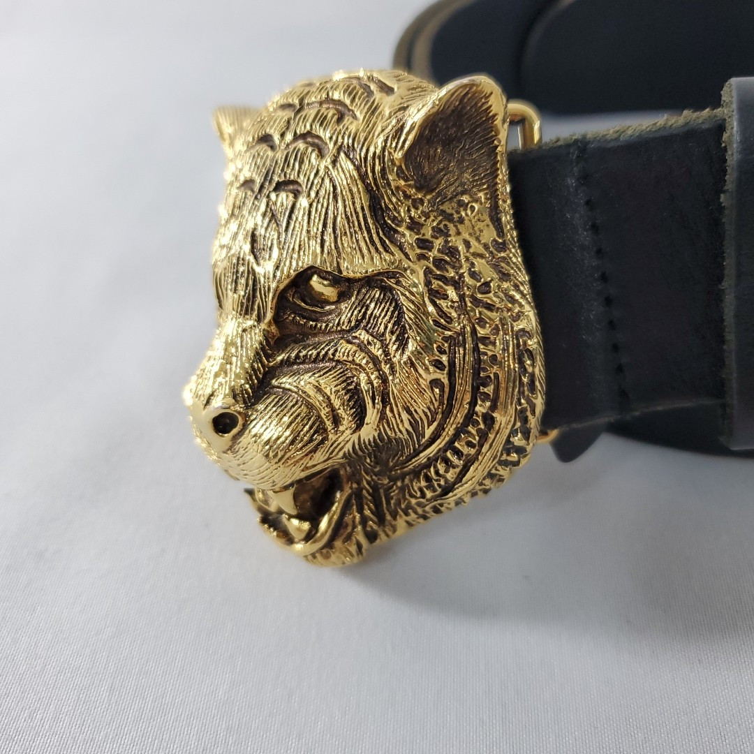 Unisex Gucci Tiger Head Belt Size 38 -95CM Black Leather Gold Buckle  USED