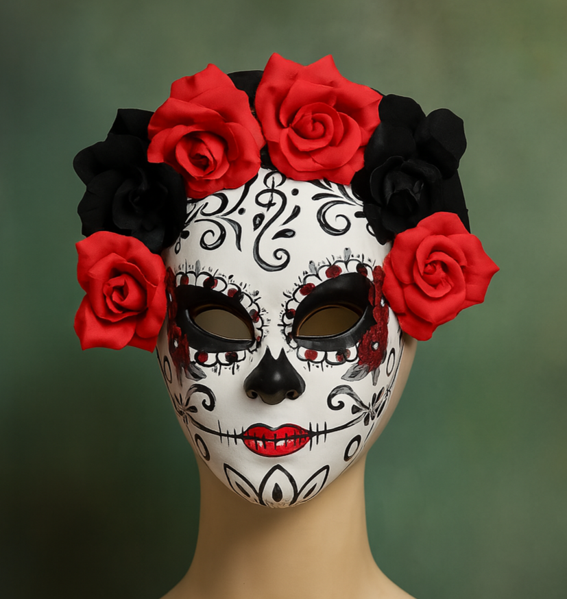 Day of the Dead Sugar Skull Mask with Roses Halloween Costume Cosplay ...