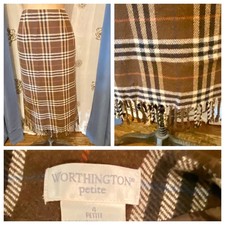 Worthington Vintage Plaid Brown Academia Fringe Midi Blanket Skirt 4 Preppy EUC