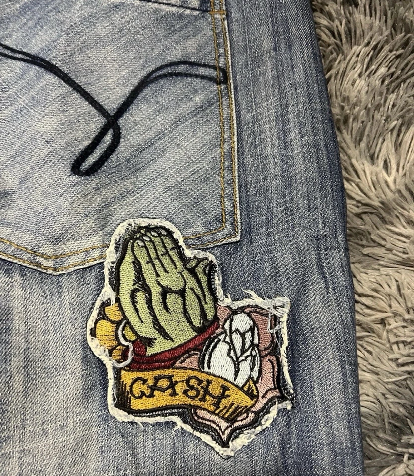 Jeans jeans longo masculino índigo vermelho Jean’s Old School baggy bordado caveira rara. - Imagem 4 de 4