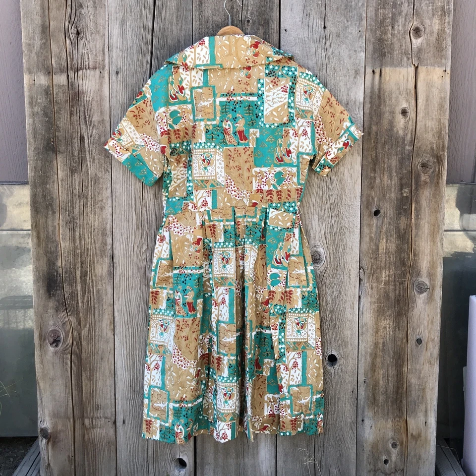 Vintage 1950s-60s Handmade Shirtwaist Dress Wide Collar Bold Pattern, Large - Image 3 of 4