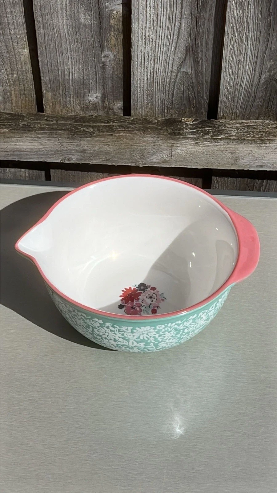 Ashley Thomas At Home Ceramic Mixing Bowl Turquoise Pink Floral #862