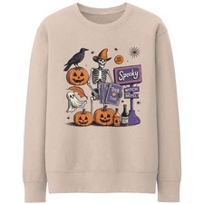 Witch Motel Halloween Sweatshirt for Women Skeleton and Pumpkins Ladies Sweater