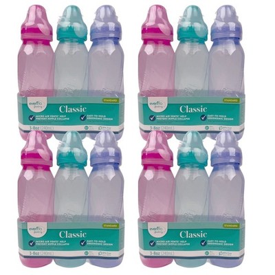 12 Pack Evenflo Feeding Classic Baby Bottles Pink/Purple/Teal 8oz Standard 0m+