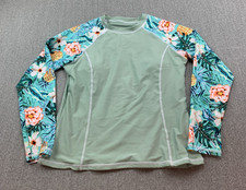 Green Floral Long Sleeve Rash Guard Swimsuit Top Women XL Padded Pretty Tropical