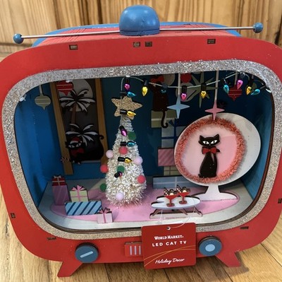 Mid-Century Modern Atomic Cat TV Set Light Up Christmas Decor Laser Cut Wood
