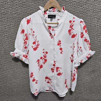 PREMISE Women's White Floral Print V-Neck Blouse Top Size M