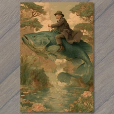Art Print Man Riding Giant Fish Over Swamp Fantasy Humor Whimsical Adventure Nat