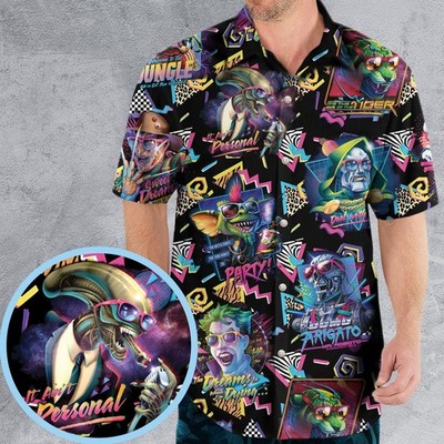 80s Retro Synthwave Hawaiian Shirt Neon Villain Pop Rock Party Summer Button Up