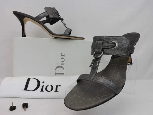SANDALES CHARME CHRISTIAN DIOR CANNAGE CUIR ARGENT POUSSIÉREUX CD NEUF DANS LEUR BOÎTE 38,5 8,5