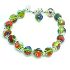 Murano-Glas-Armband Gr&uuml;n Multi Silber Millefiori Handgefertigt Venedig 15 Perlen