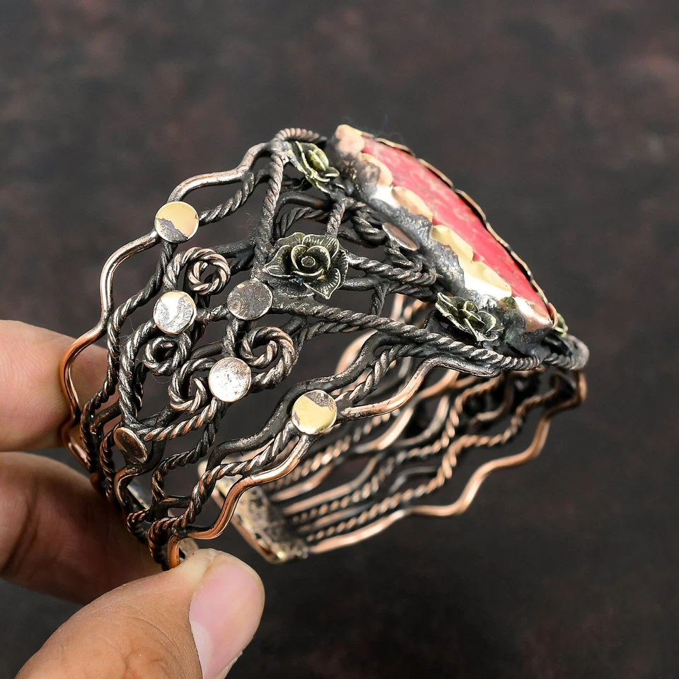 Brazalete Brazalete Hermana Flor Envuelto Alambre Piedra Jaspe Sedimento Mar Rojo Cobre Foto 4 de 4