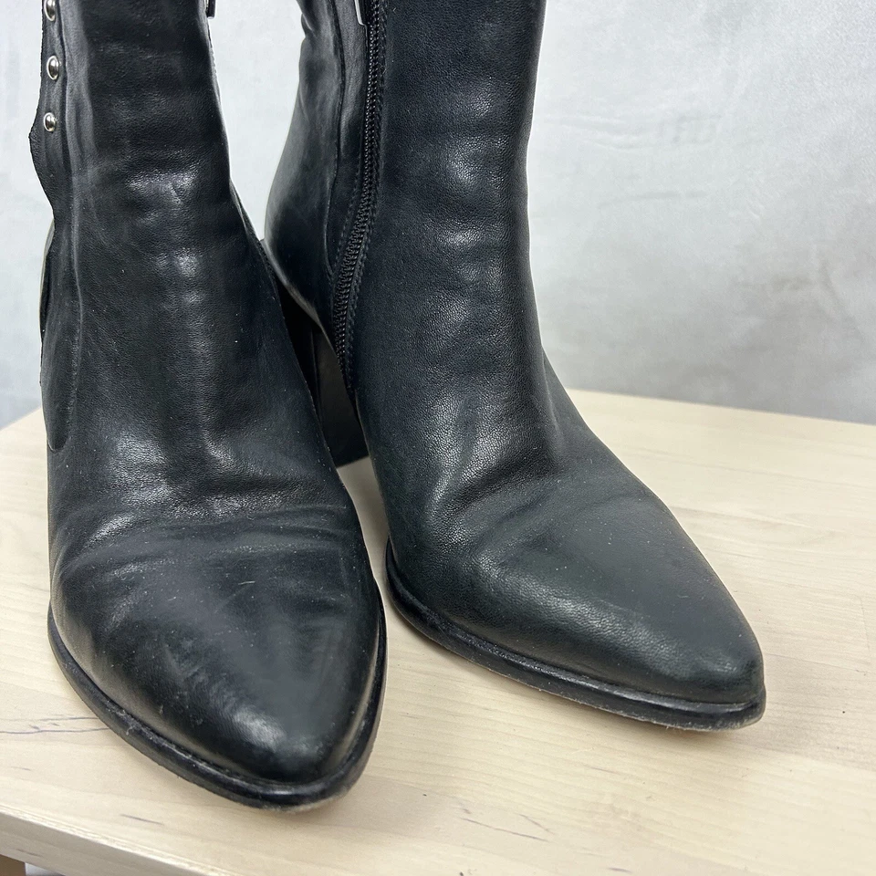 LAURA BELLARIVA Black Leather Pointed Toe Chunky Square Heel Boots Sz 37/7 - Image 3 of 4