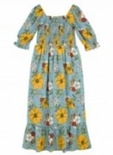 Joanie Clothing Dress Cottagecore Blue Sunflower Smocked Puff Sleeve Size 12 NWT
