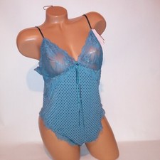 Victoria Secret Lingerie Teddy One Piece Bodysuit XL Blue Polka Dots Modal Lace
