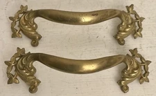 2 RARE Brass MCM French Provincial Vtg drawer pull 5" (4”on center) antique