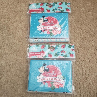 NEW Disney Parks Mickey & Minnie Mouse Cherry Floral Gingham Retro Note Card Set