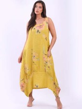 Sleeveless Floral Linen Maxi Tank Dress Balloon Hem Pockets Summer Italian Dress