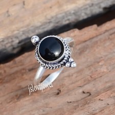 Black Onyx Round Gemstone 925 Sterling Silver Artisan Crafted Ring For Her Gift