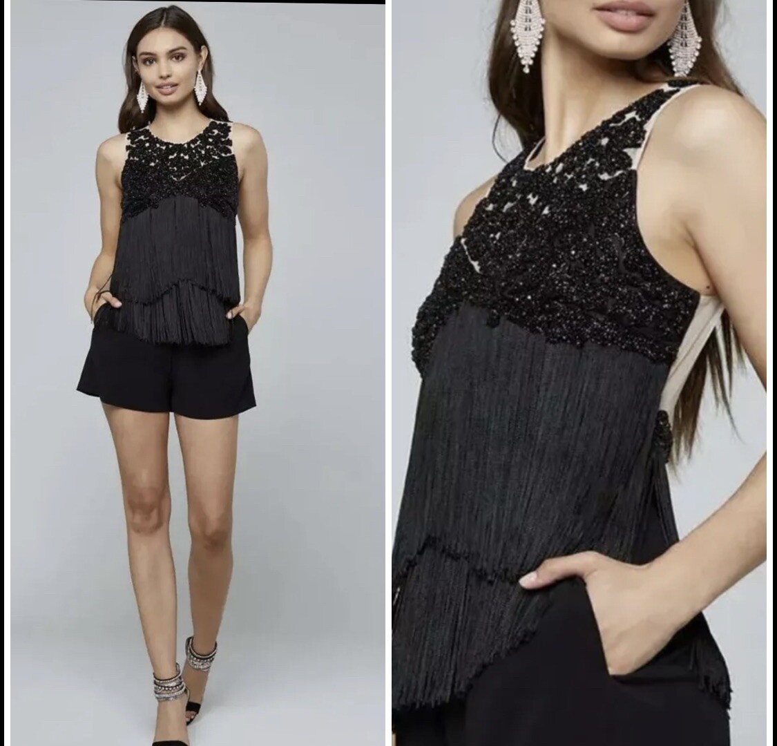 100 % AUTHENTIC NWT BEBE FRINGE DETAIL JEWELRY INST SURPLC ROMPER