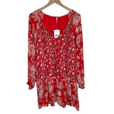 Free People Womens Floral Lucky Loosie Swing Mini Dress Sz Med Red Long Sleeve