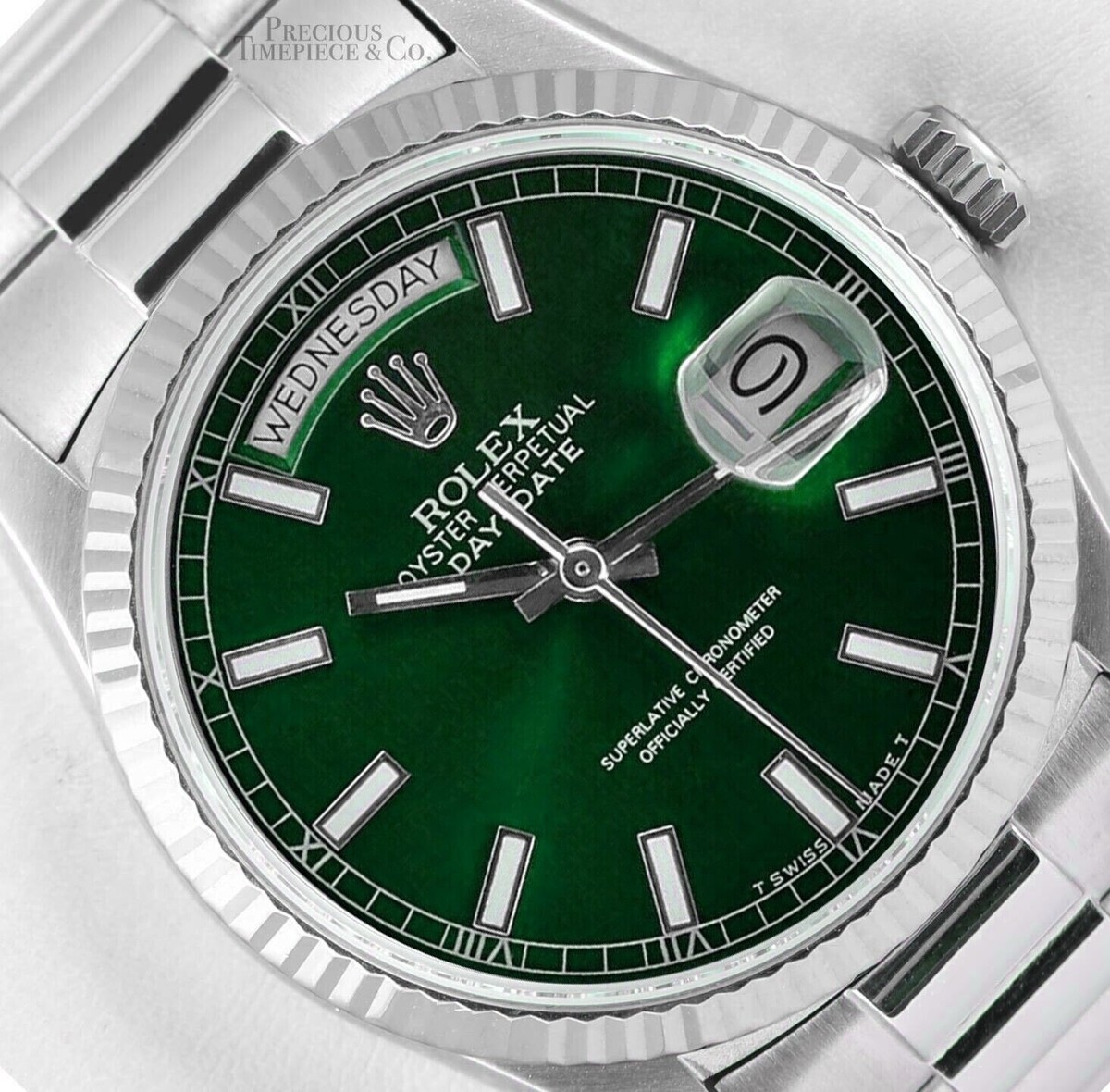 Rolex Mens Day-Date 36mm Presidential 18239 18k White Gold Green