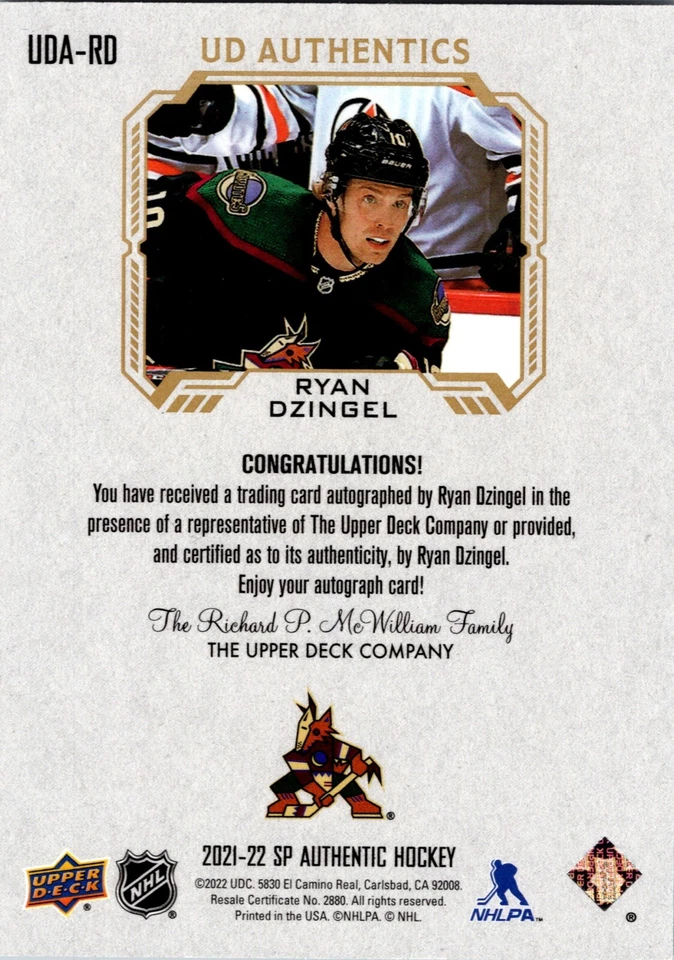 Ryan Dzingel Coyotes SP Authentic Auto 2021-22 #UDA-RD Hockey NM - Image 2 of 2