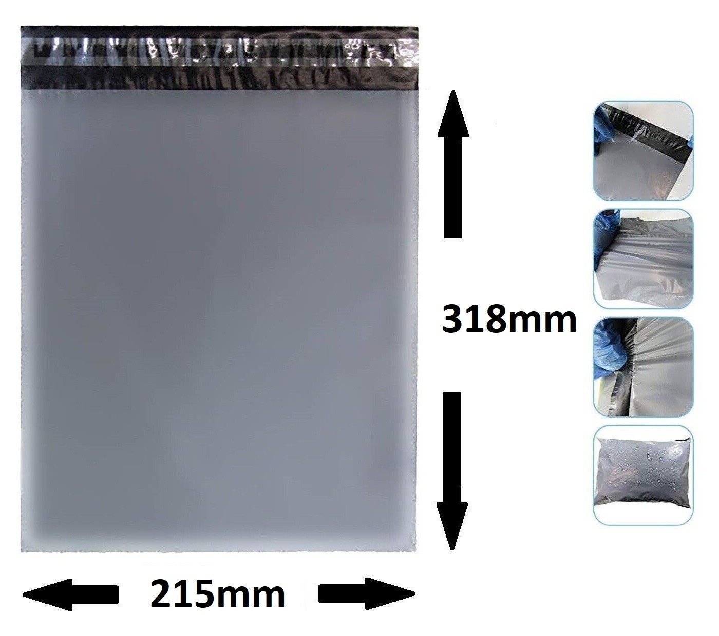 225x318mm STRONG GREY POLY PLASTIC MAILING POSTAL PARCEL BAGS SELF SEAL 1000x