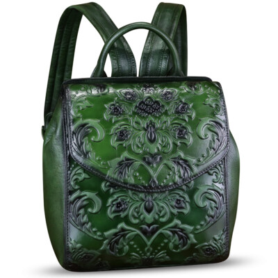Genuine Leather Backpack Women Vintage Embossing Knapsack 