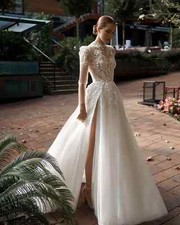 Boho Wedding Dresses Lace Applique Princess Zipper A-Line Slit Tulle Bridal Gown