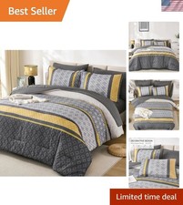 Soft Microfiber 7 Piece King Comforter Set - Boho Stripes in Yellow and Grey