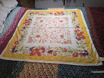 Vintage April Cornell Scarf Yellow and White Floral Print 100% Cotton 38''×39''
