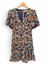ASTR The Label Floral Mini Dress Womens L Blue Puff Sleeve Open Back Ruffle Hem