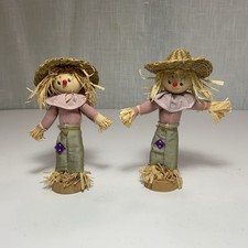 Pair Scarecrow Figures Sz. 6" Wooden Base Wood, Head Straw, Hats Old Store Stock