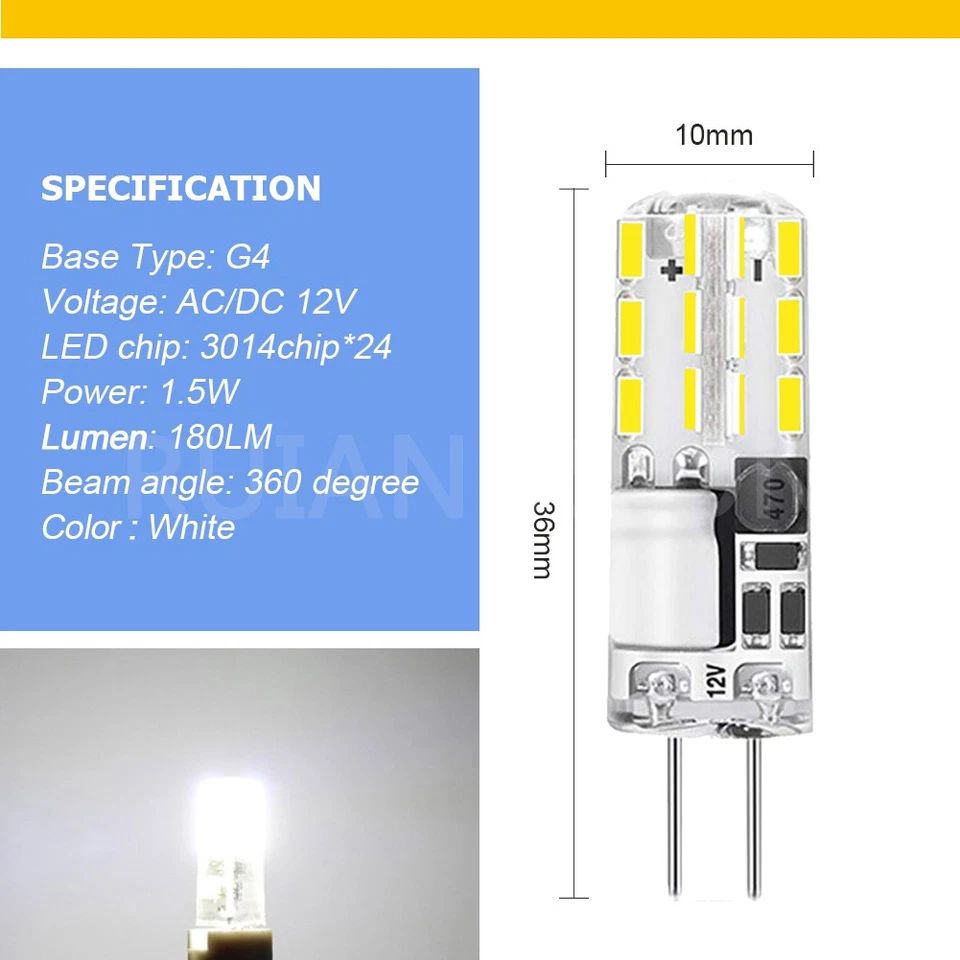 10x AC/DC 12V 3014 24 SMD WHITE LED GLOBE G4 Light Bulb Garden Camper Rangehood - Image 3 of 4