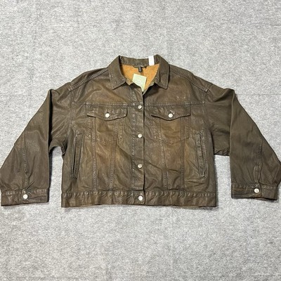 H&M Divided Womens Brown Coated Denim Jacket Size L Button Front Trucker Style