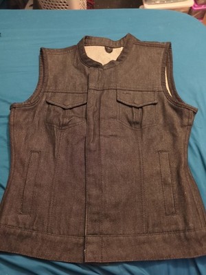 First MFG Co Rough Neck Denim Vest Mens Size L Black Biker Motorcycle Raw