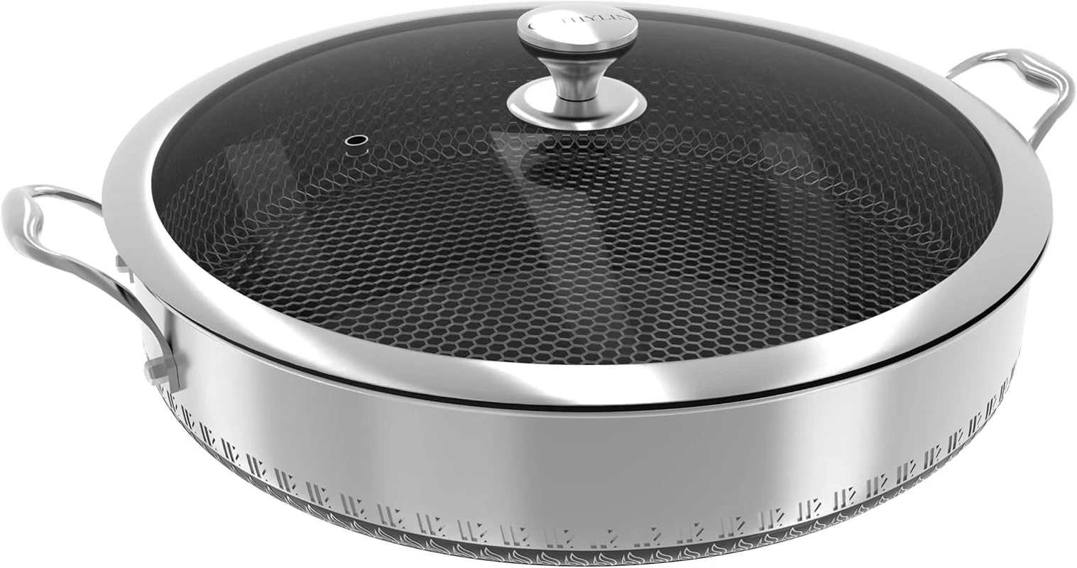 8QT Hex Nonstick Stainless Steel Frying Pan with Lid, PFOA Free, Dishwasher Safe